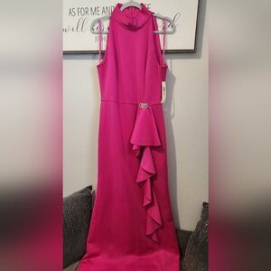 Eliza J Gown Sleeveless High Neck Ruffled Front with Brooch Sz-14